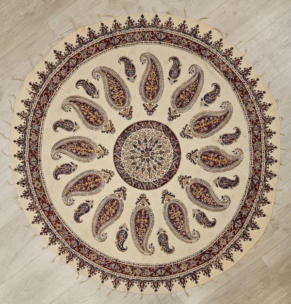 Mantel de algodón estampado a mano, redondo 120cm,Ghalamkar